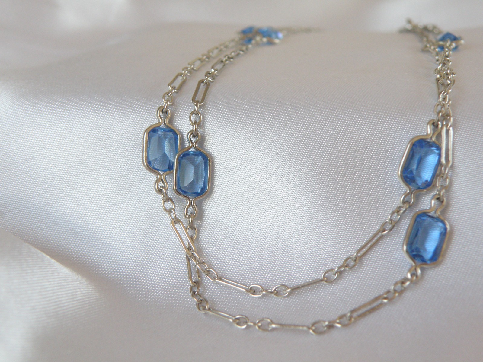 Antique Sterling Silver 925 Blue Gemstone Station Vintage Paperclip Necklace 25″