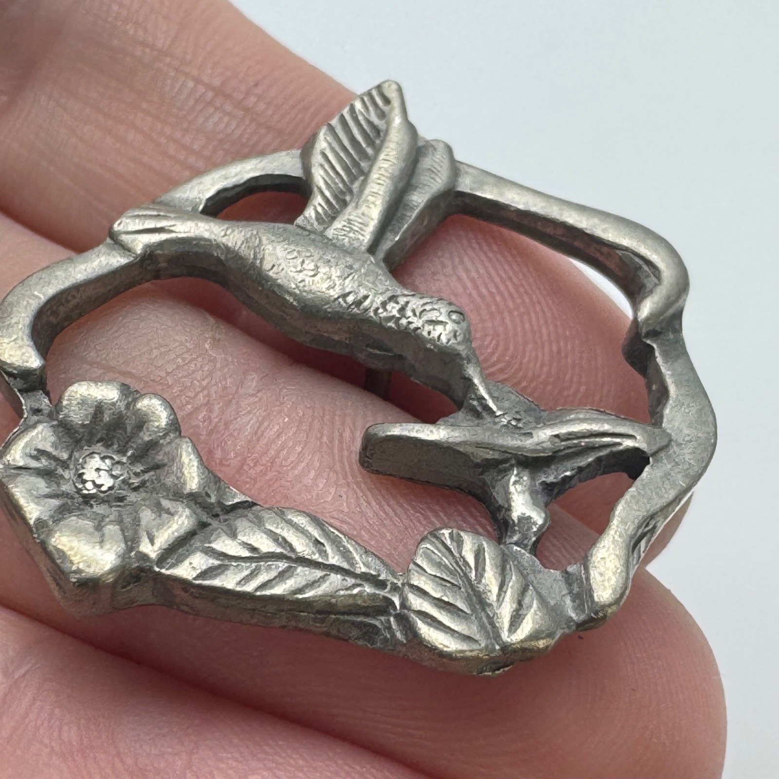 Vintage Silver Hummingbird Flower Heart Nature Garden Lapel Pin Souvenir
