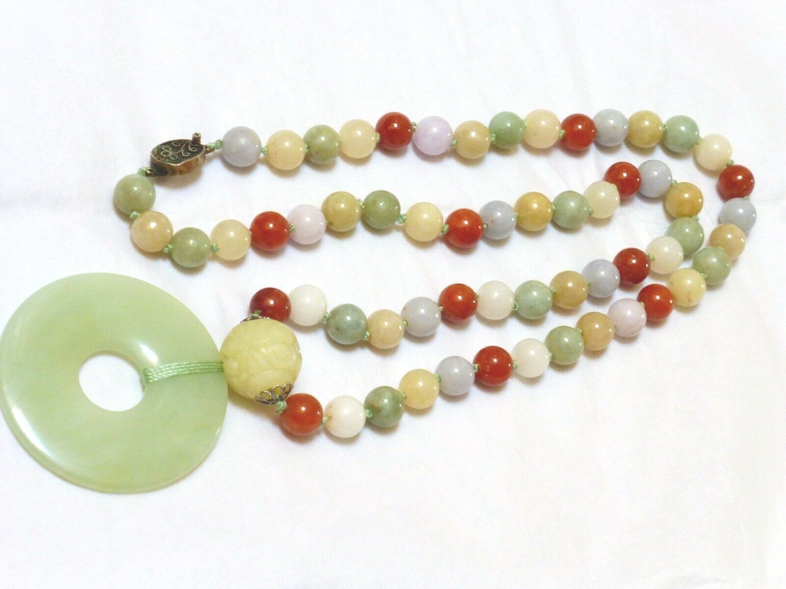 Vintage Chinese Multi-Color Jade 9mm Beads Necklace Pendant, Silver Clasp, 25″