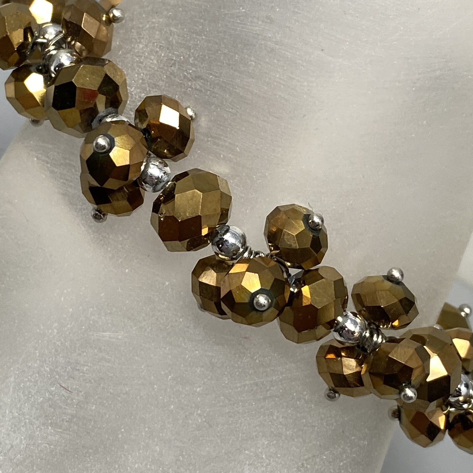 Stretch Bead Bracelet Gold Faceted Glass Cluster Fire Polished Iridescent 7″