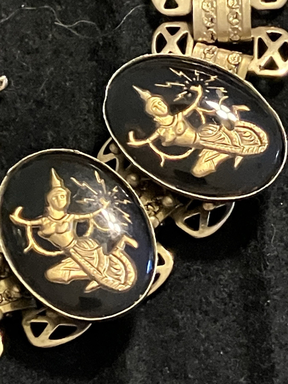 Vintage Siam/Thailand Golden Goddess Black Lucite Link Bracelet & Earrings
