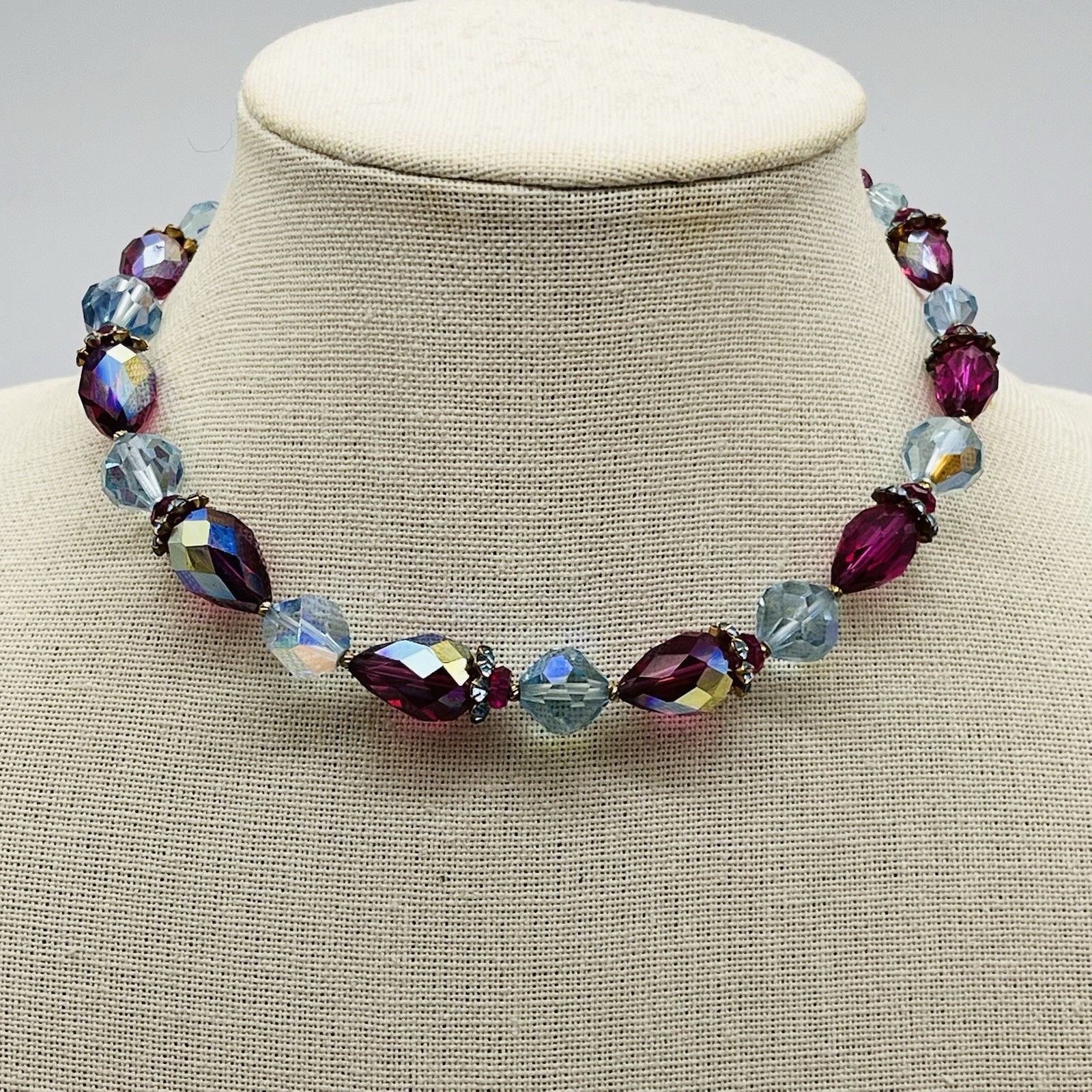 Vintage Vendome Necklace Blue Crystal Choker Iridescent Red AB Stones 16″
