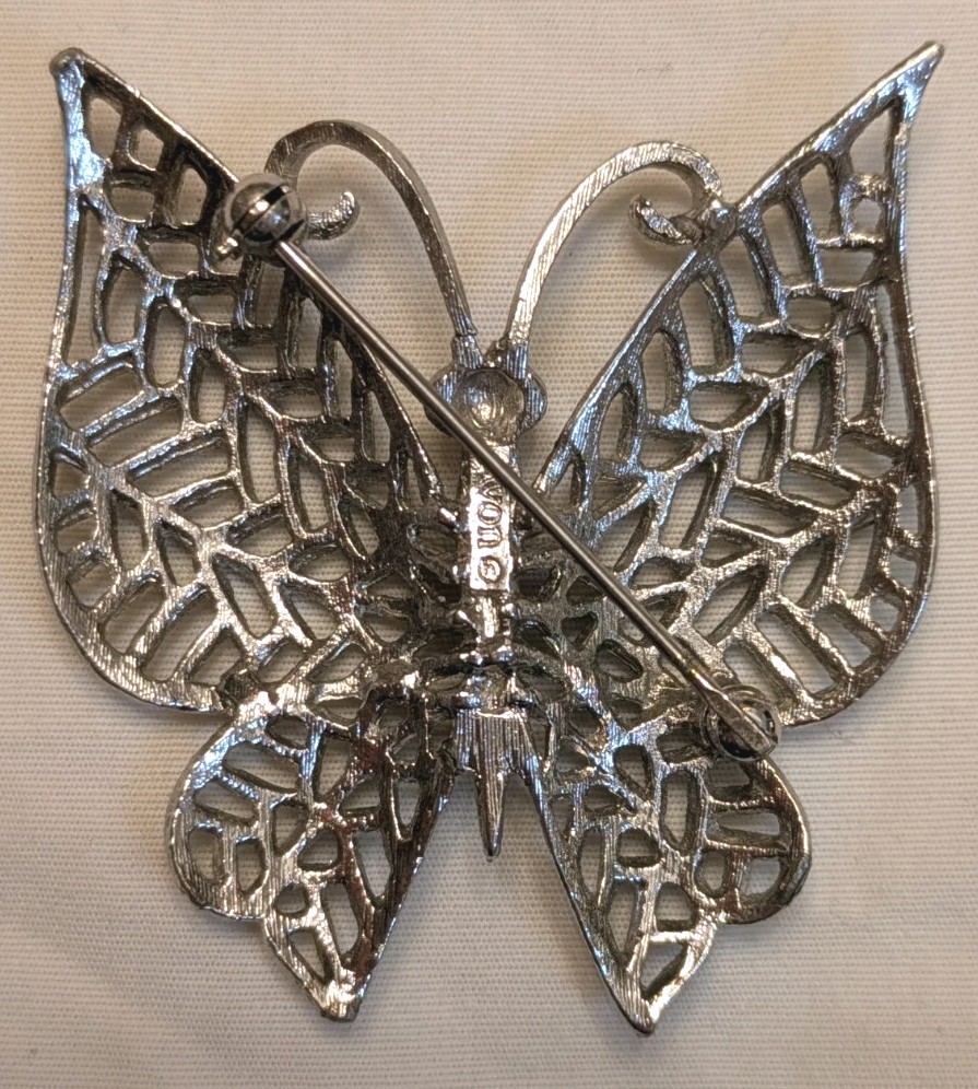 Avon Butterfly Brooch Vintage Blue Rhinestone Eyes Silvertone & Goldtone Pin
