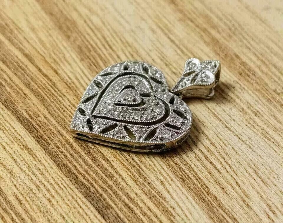 Art Deco Vintage Heart Pendant 2Ct Round Simulated Diamond 14K White Gold Plated