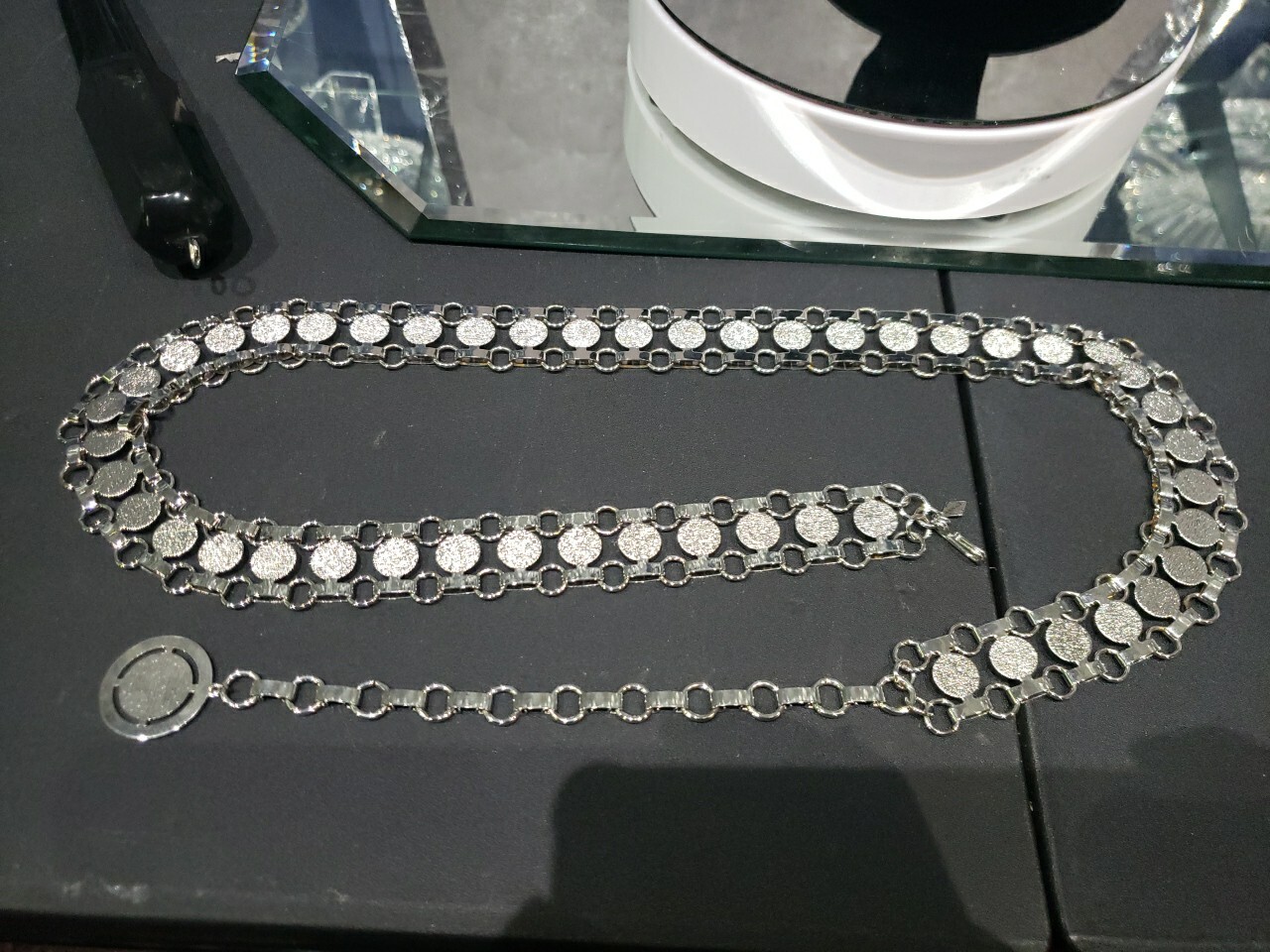 Adjustable Metal Link Belt Chain vtg 1970 Sarah Coventry silver disc coin