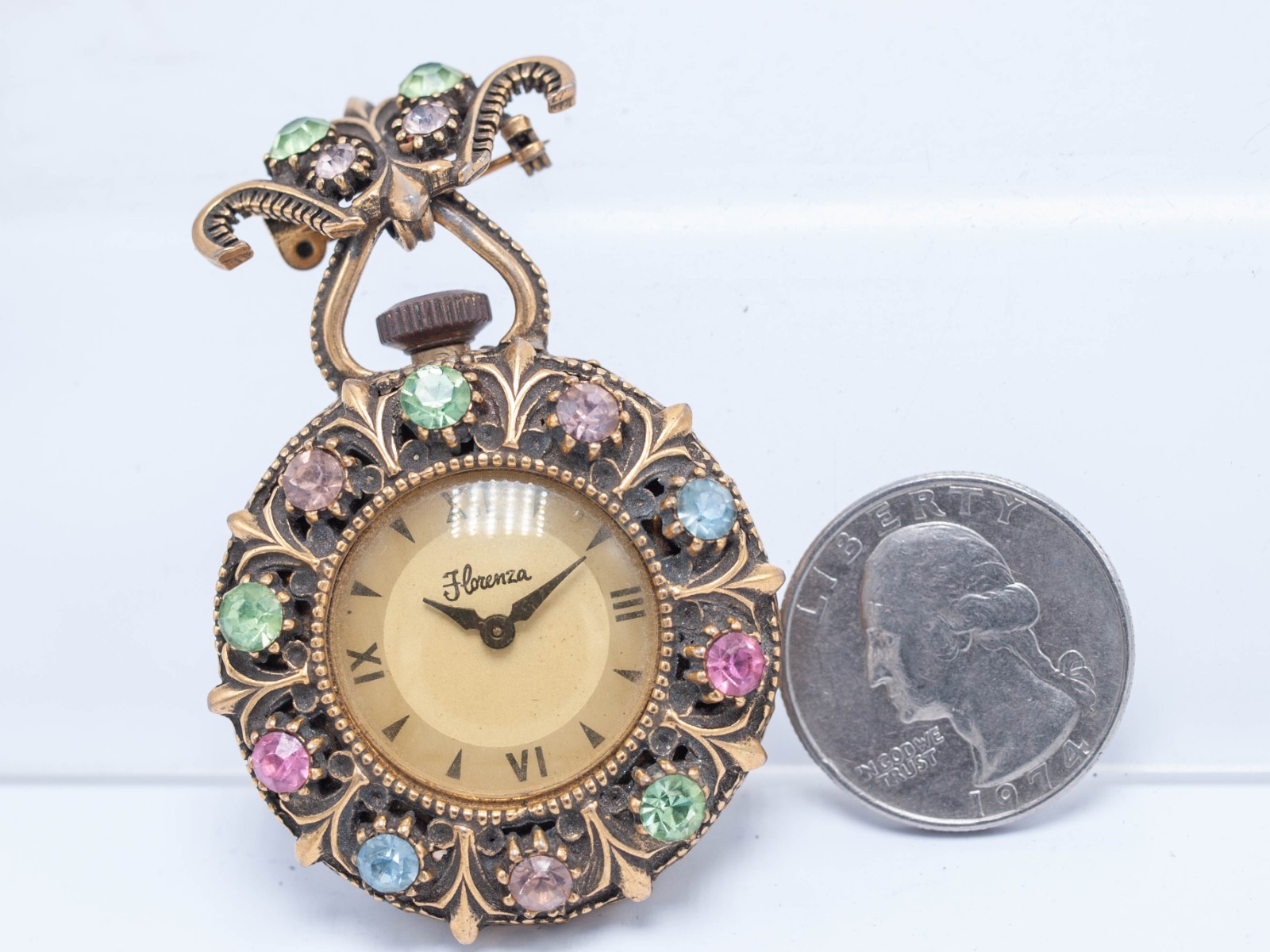 1957 – Ingraham Florenza 39mm Jeweled Pin Brooch Wind Watch – Not Running