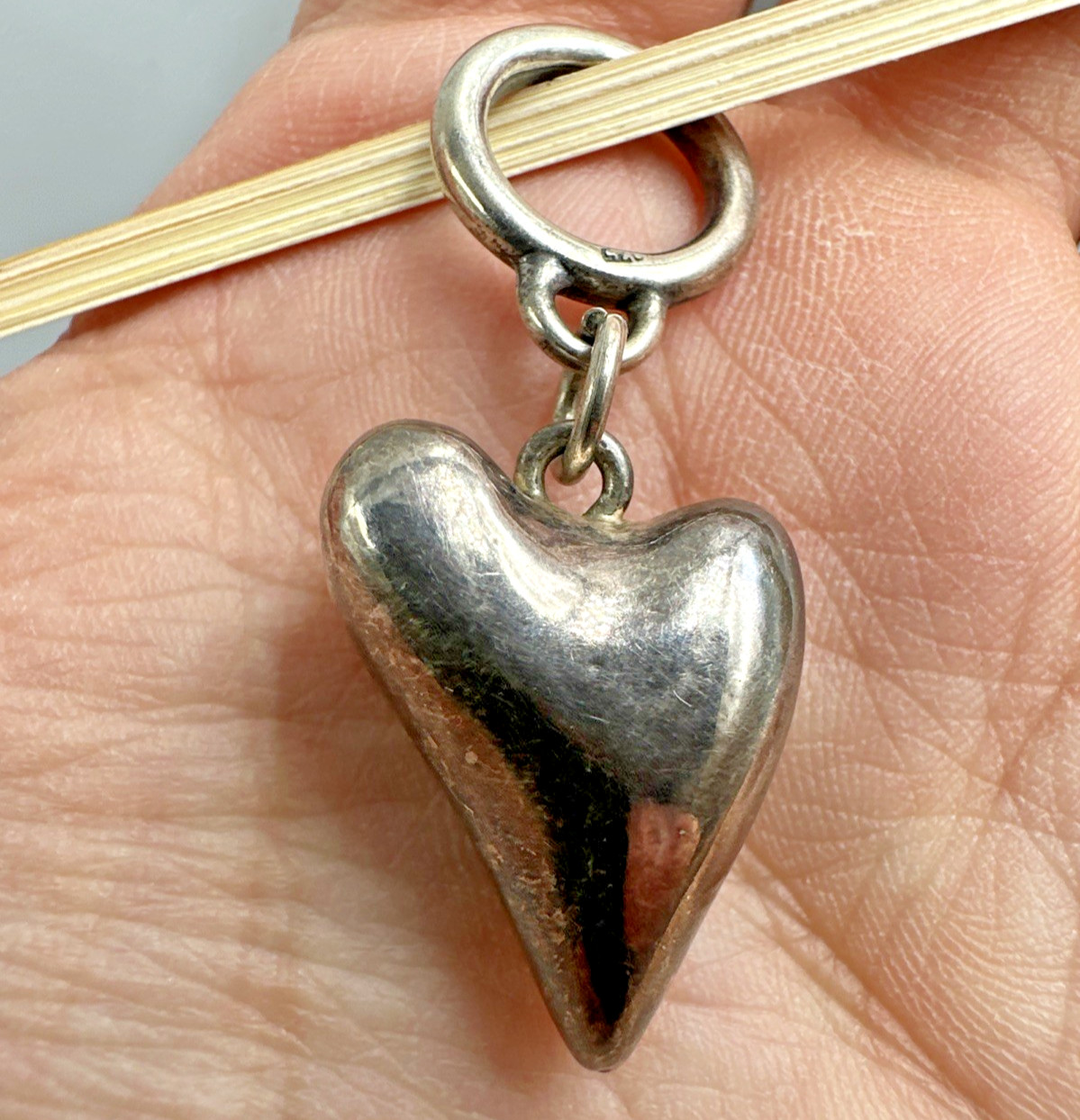 Vtg Sterling Silver Funky Asymmetrical Puffy Heart Pendant Oversized Bail 5g