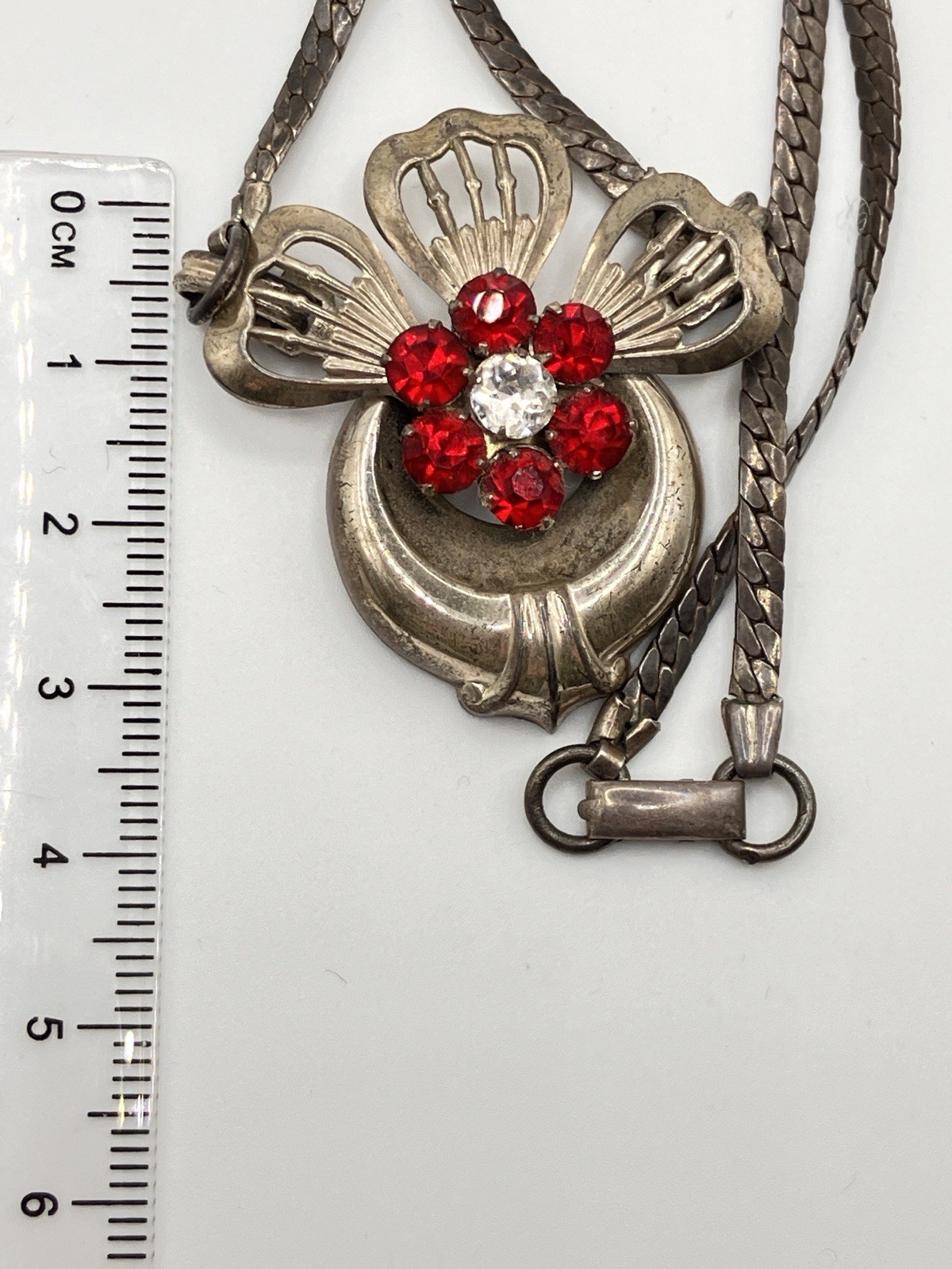 Harry Iskin Silver Necklace red and white rhinestones. 1930s-1950s era.