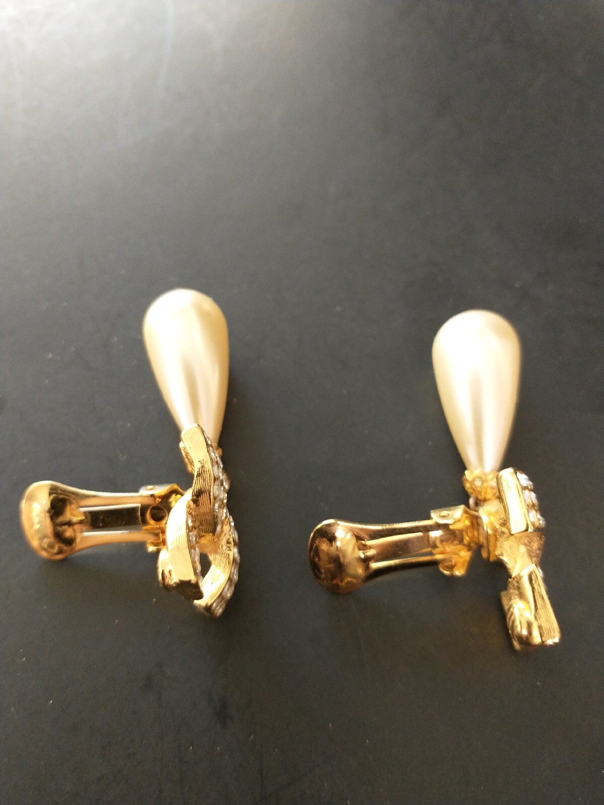 Vintage Kjl Kenneth Lane Faux Pearl Drop With Rhinestones Clip Earrings Signed