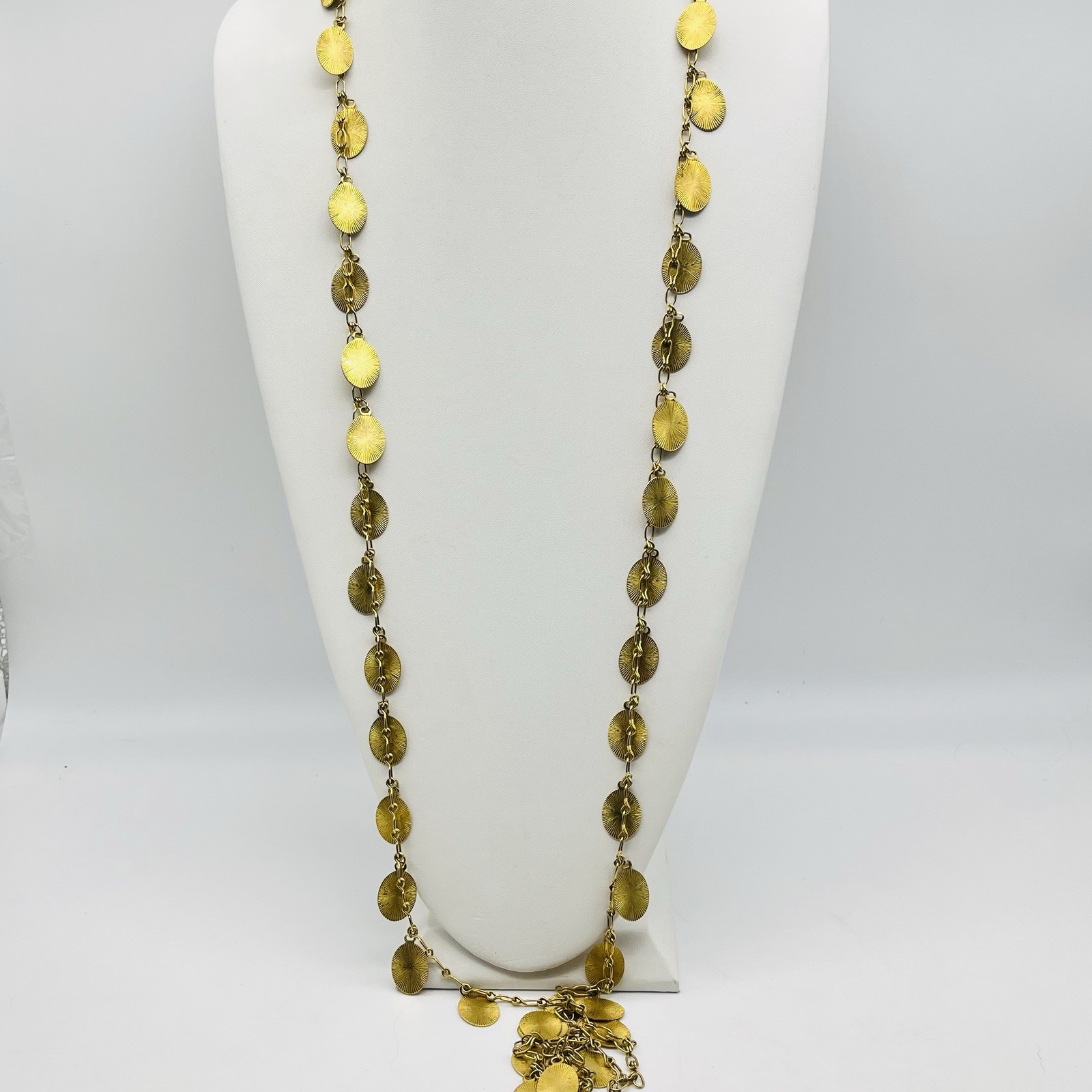 Vintage Coin Link Necklace Gold Tone Etruscan Revival Flapper Opera Length 52″