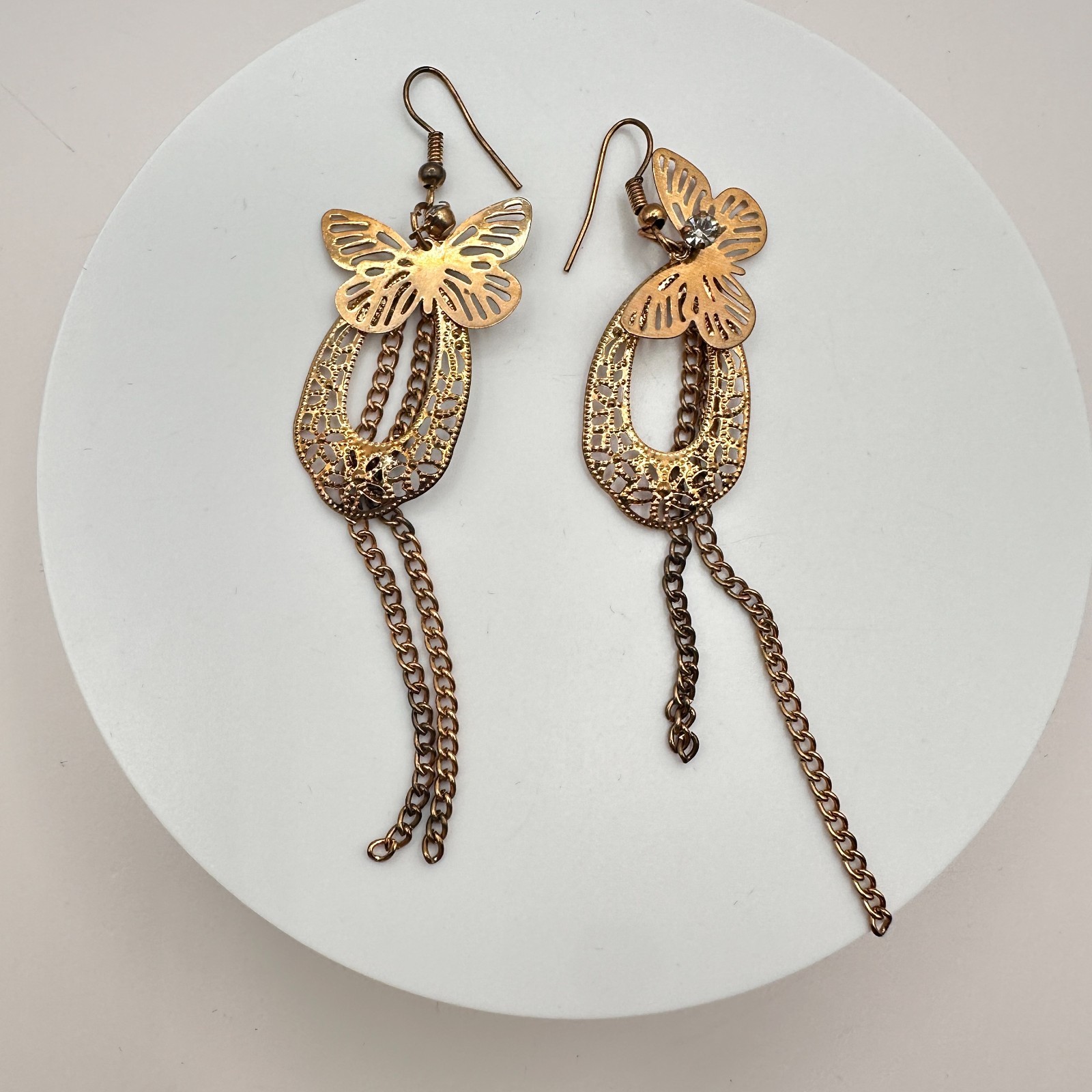 Vintage 90s Gold Tone Butterfly Filigree Dangle Earrings Women’s Classic Jewelry