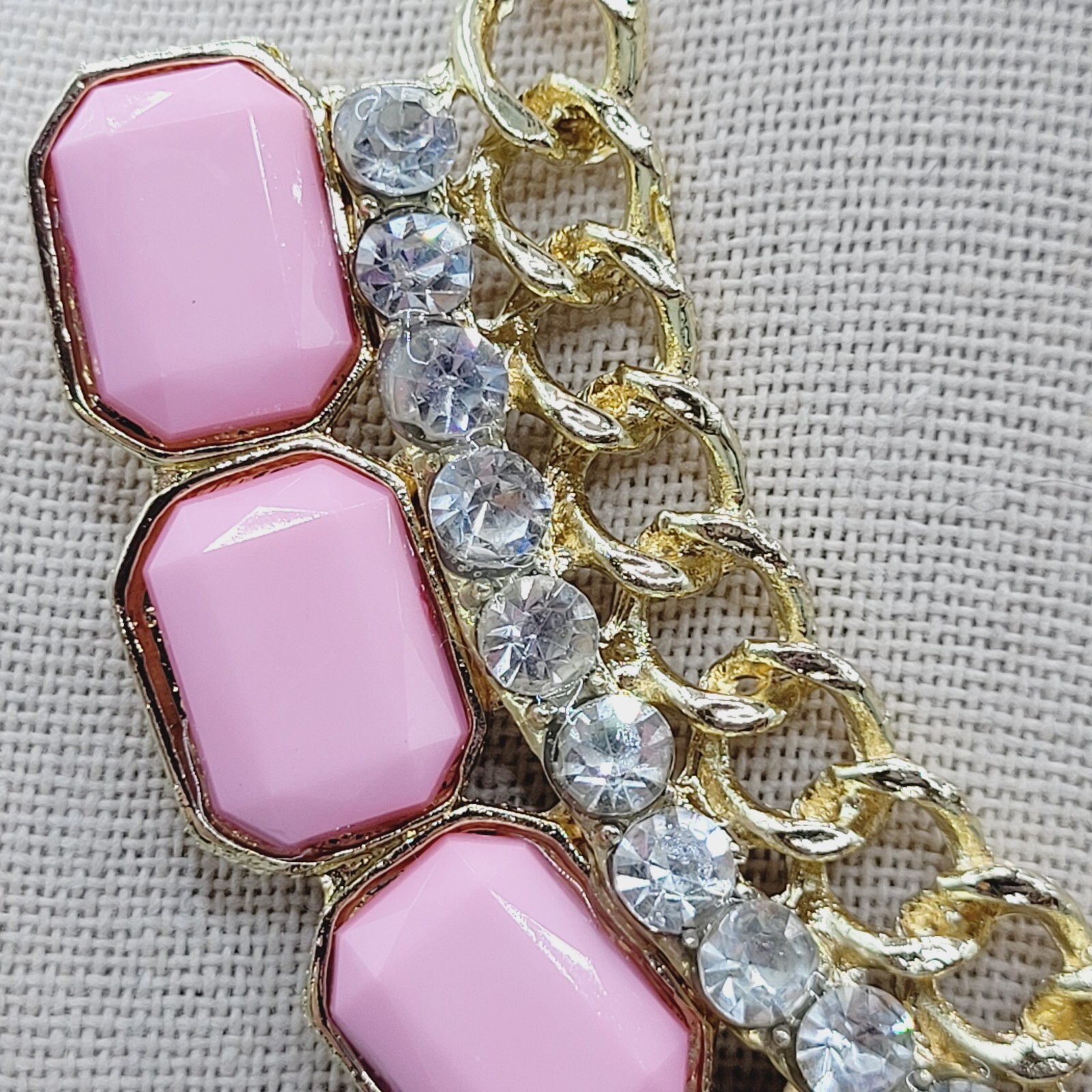Fancy Rhinestone & Pink Acrylic with Milkglass Style Vintage Gold Tone Necklace