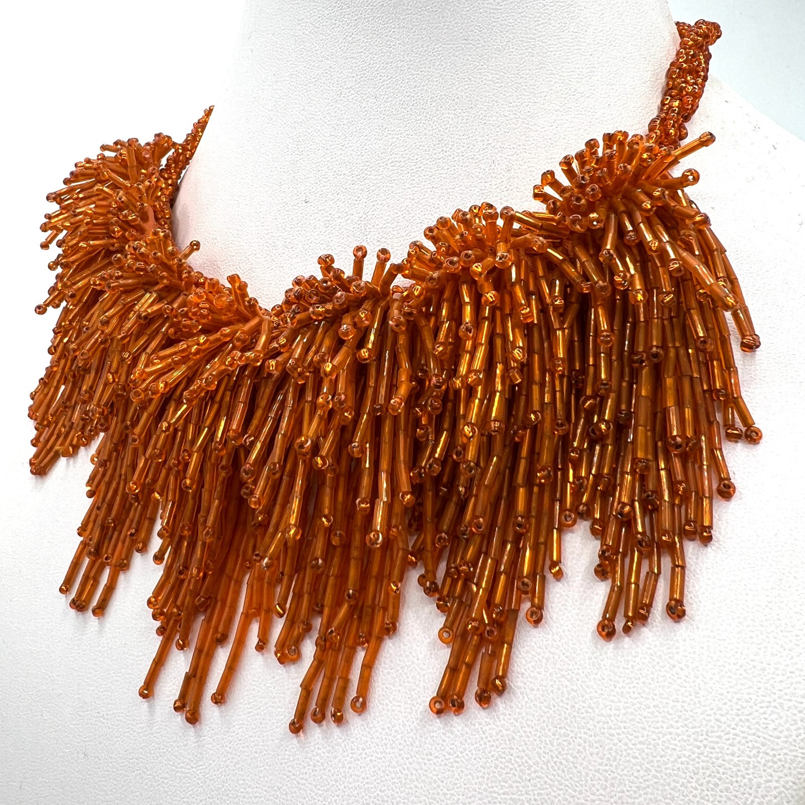 Vintage Orange Glass Beaded Fringe Necklace – Pom Pom Bib Statement Necklace