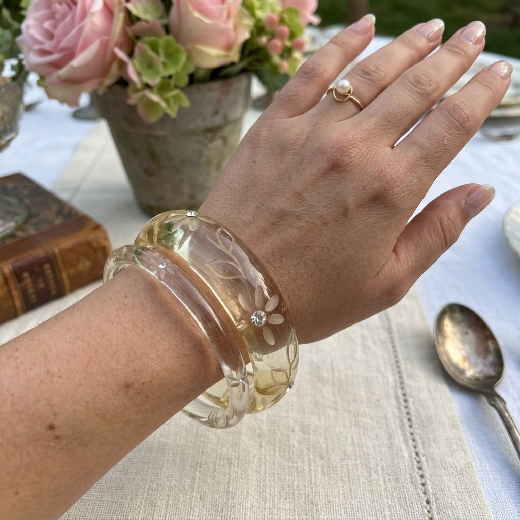 Vintage Lucite Bangle Set Carved Daisy Rhinestone Bracelets Clear Retro