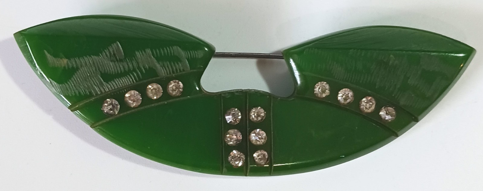 Vintage Art Deco Dark Green Bakelite Brooch w/ White Rhinestone Lines