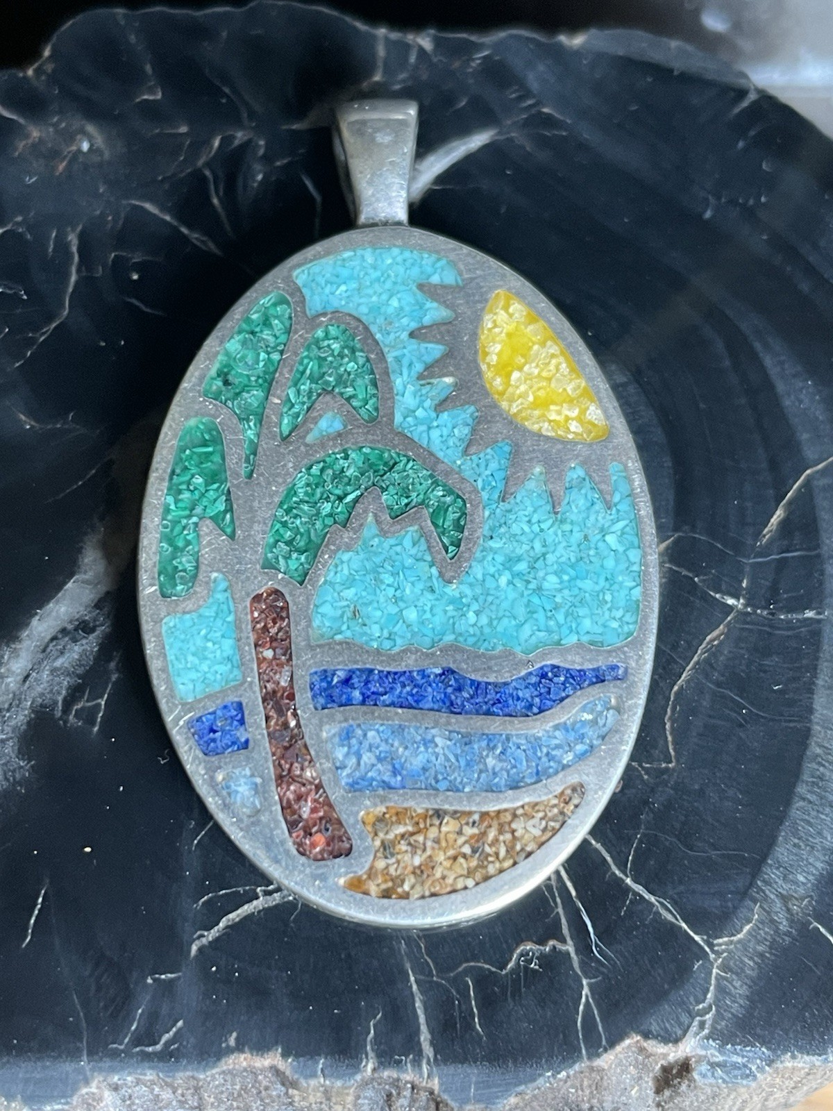 Sterling Silver Coleman CCO Palm Tree Chip Inlay Tropical Pendant 42mm x 25mm