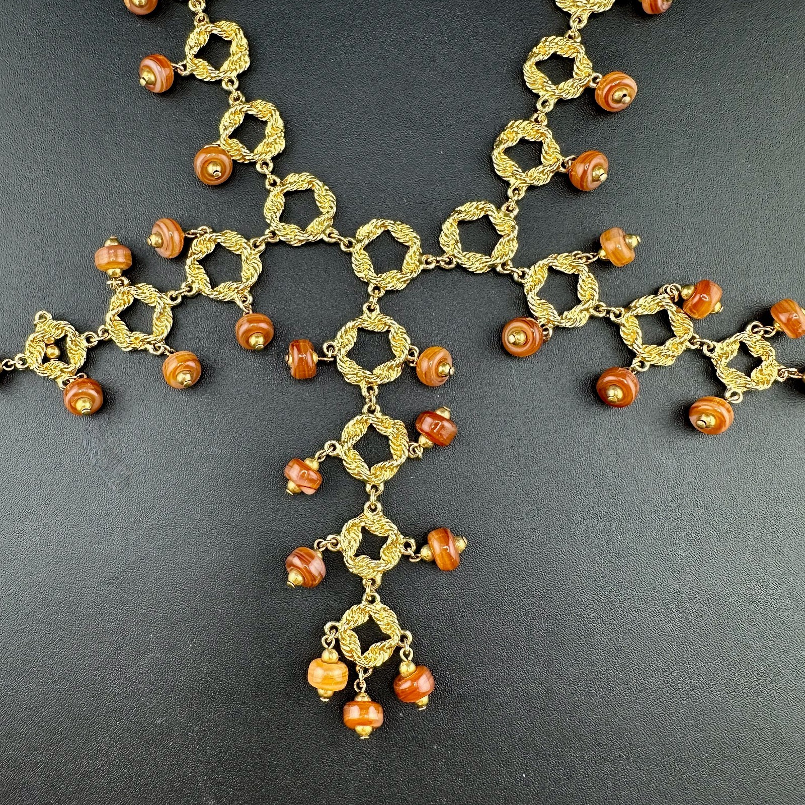 Vintage Statement Necklace Bib Fringe Hammered Gold Tone Link Agate Bead Dangles