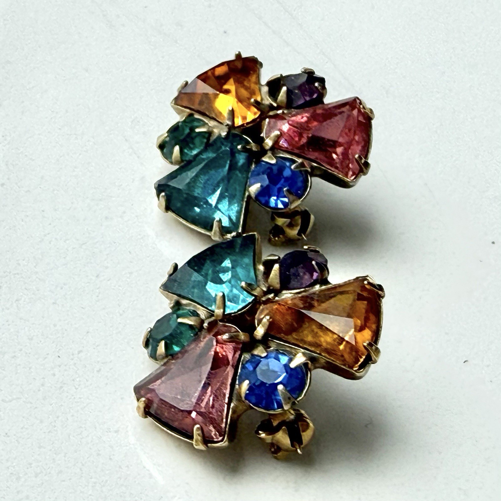 Vintage Rhinestone Scatter Collar Brooch / Pin Pair Multicolor Stones Gold Tone