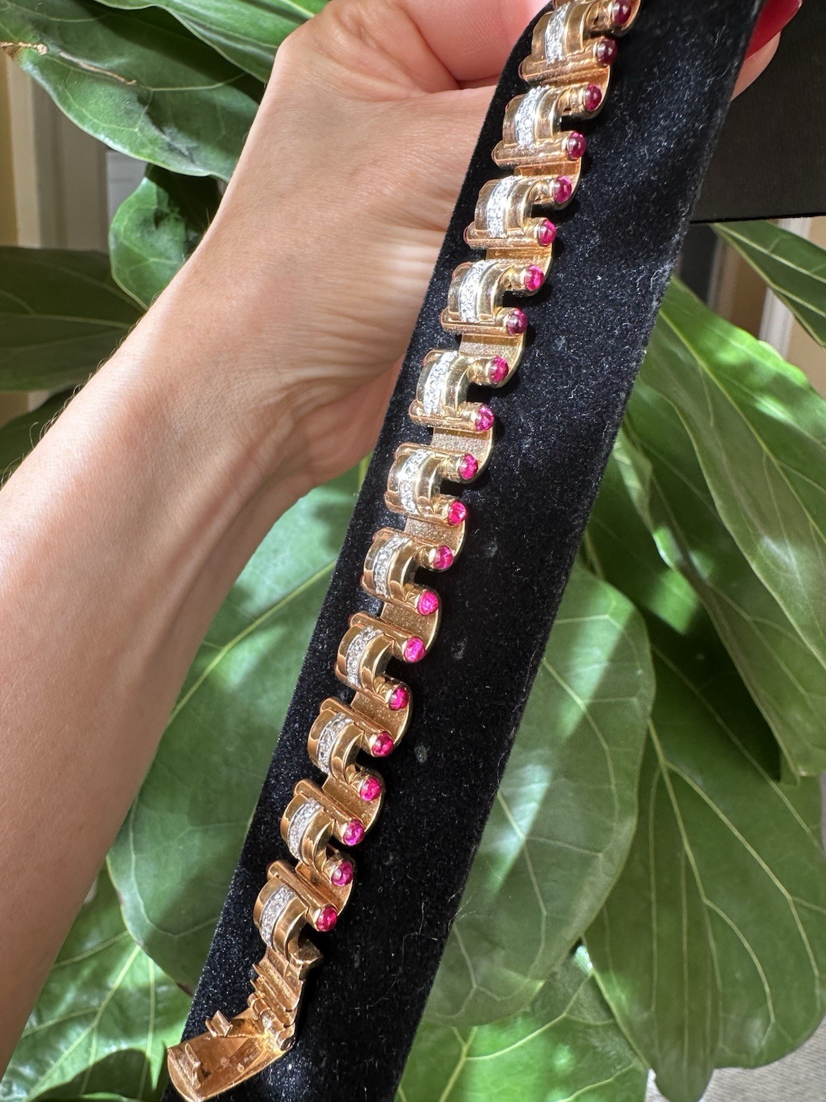 Signed J. Roca Retro Diamond & Cabochon Ruby Bracelet – 18k Rose Gold
