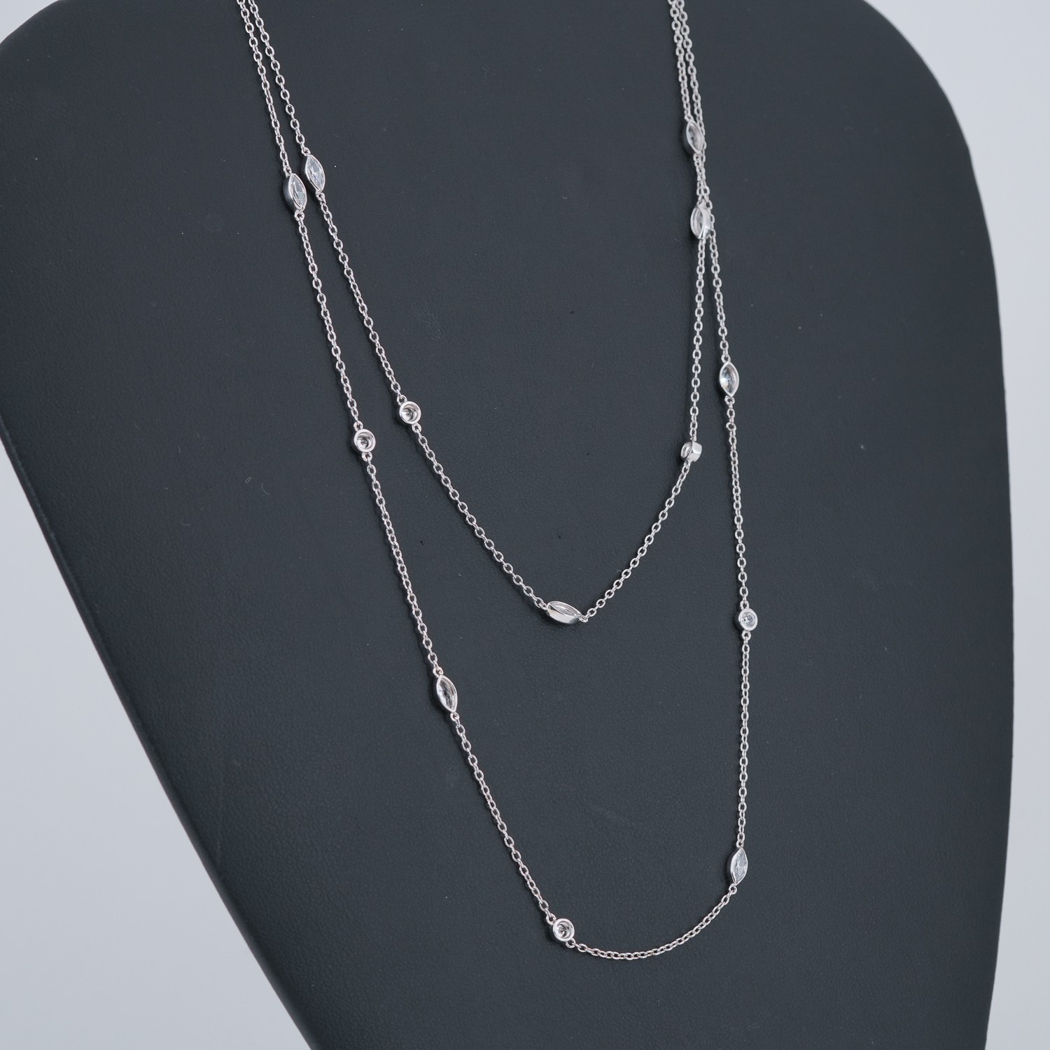 Sterling Silver CZ-by-the-Yard Station Necklace Marquise Round Open Bezel 36″