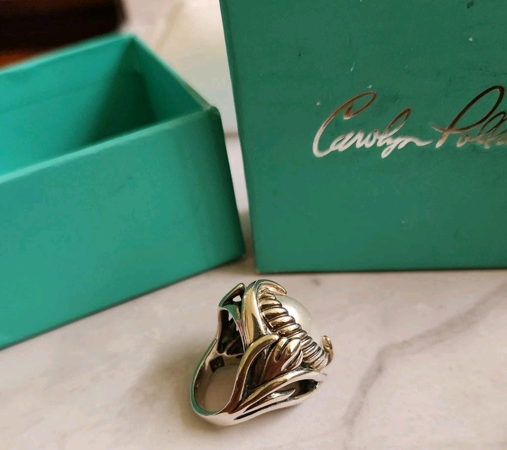 Carolyn Pollack Large Oval Pearl Ring Size 5.4 Box, Bag Sterling Vintage