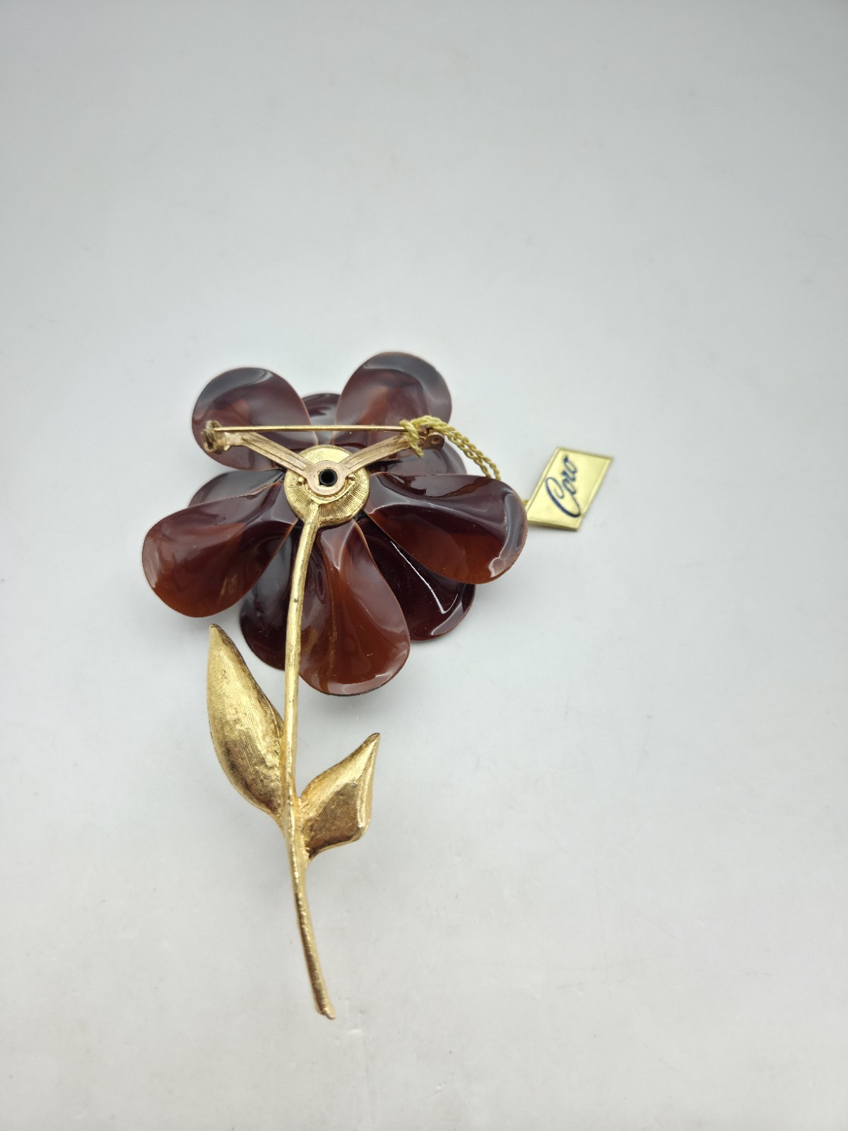 Coro Enamel Flower Brooch Brown Stem Mid Mod Pin 4″ 60s Style Floral Vintage