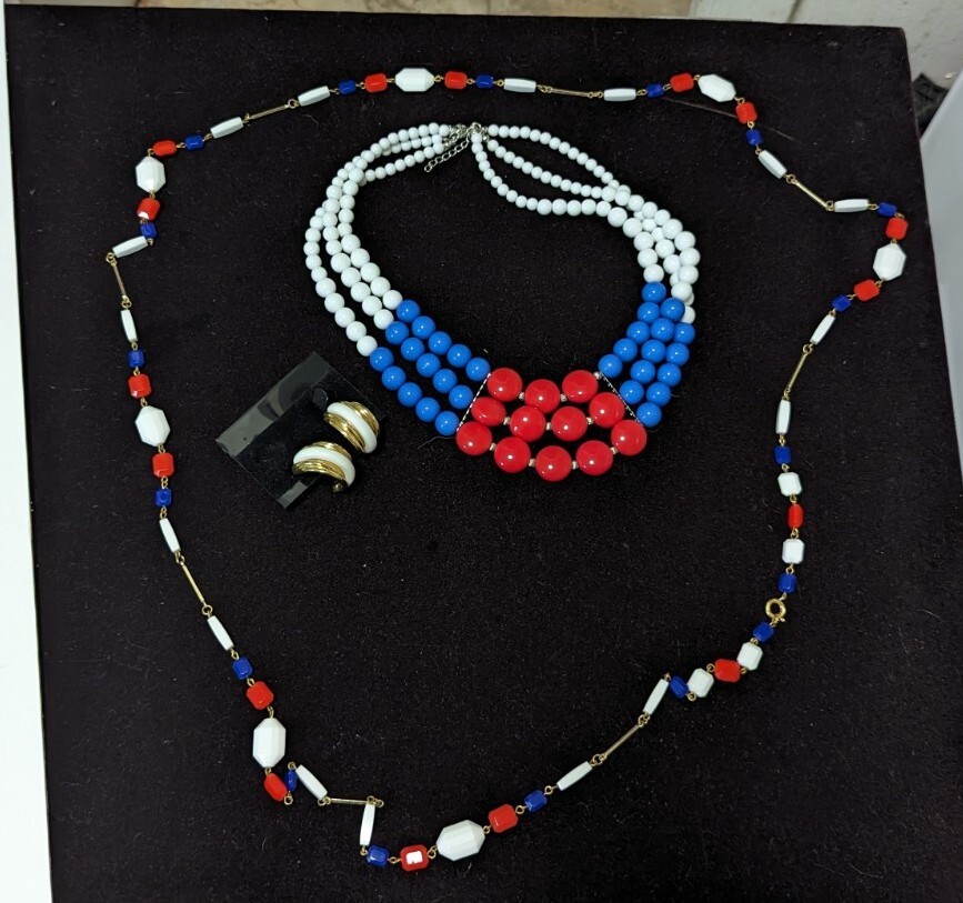 Vintage 60s 80s Patriotic USA Red, White and Blue jewelry and MCM Scarf Lot