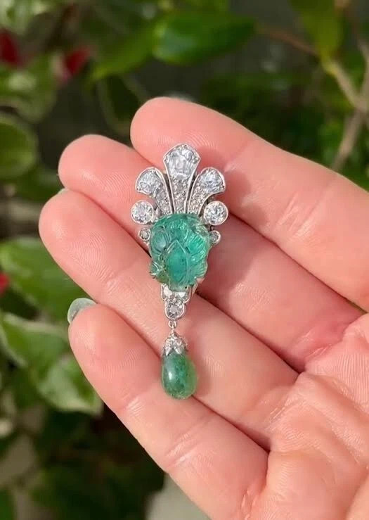 Carved Syn Emerald Dangle Brooch 925 Sterling Silver Handmade Auction Jewellery