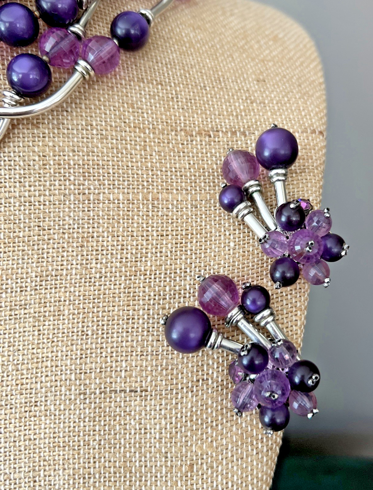 Vintage SIGNED DEMARIO AMETHYST & SILVER BEAD NECKLACE & EARRING SET / 6 STRAND