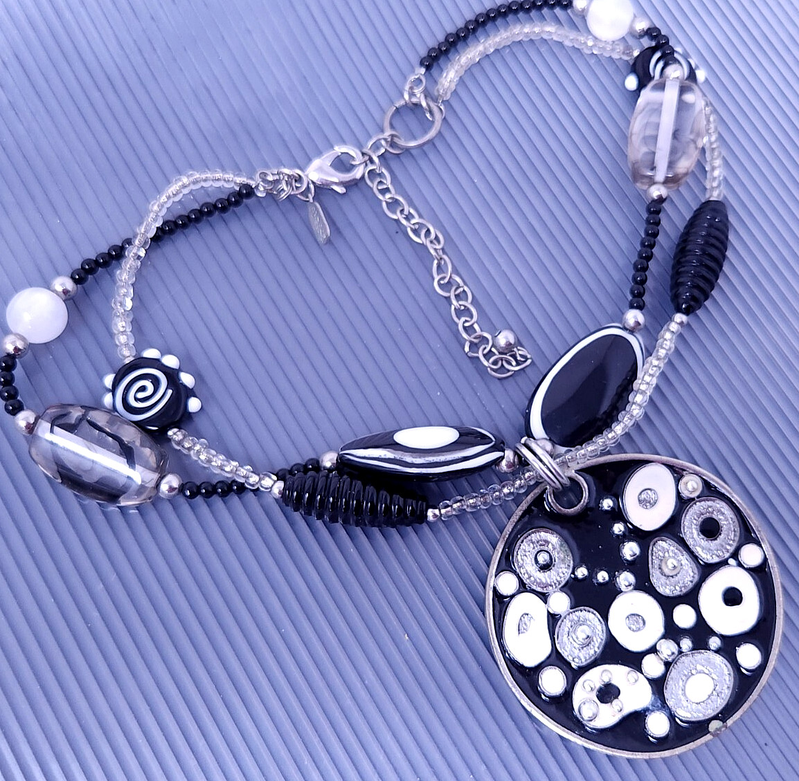 Vintage Treska Multicolor Black White Silver tone Statement Necklace 19″