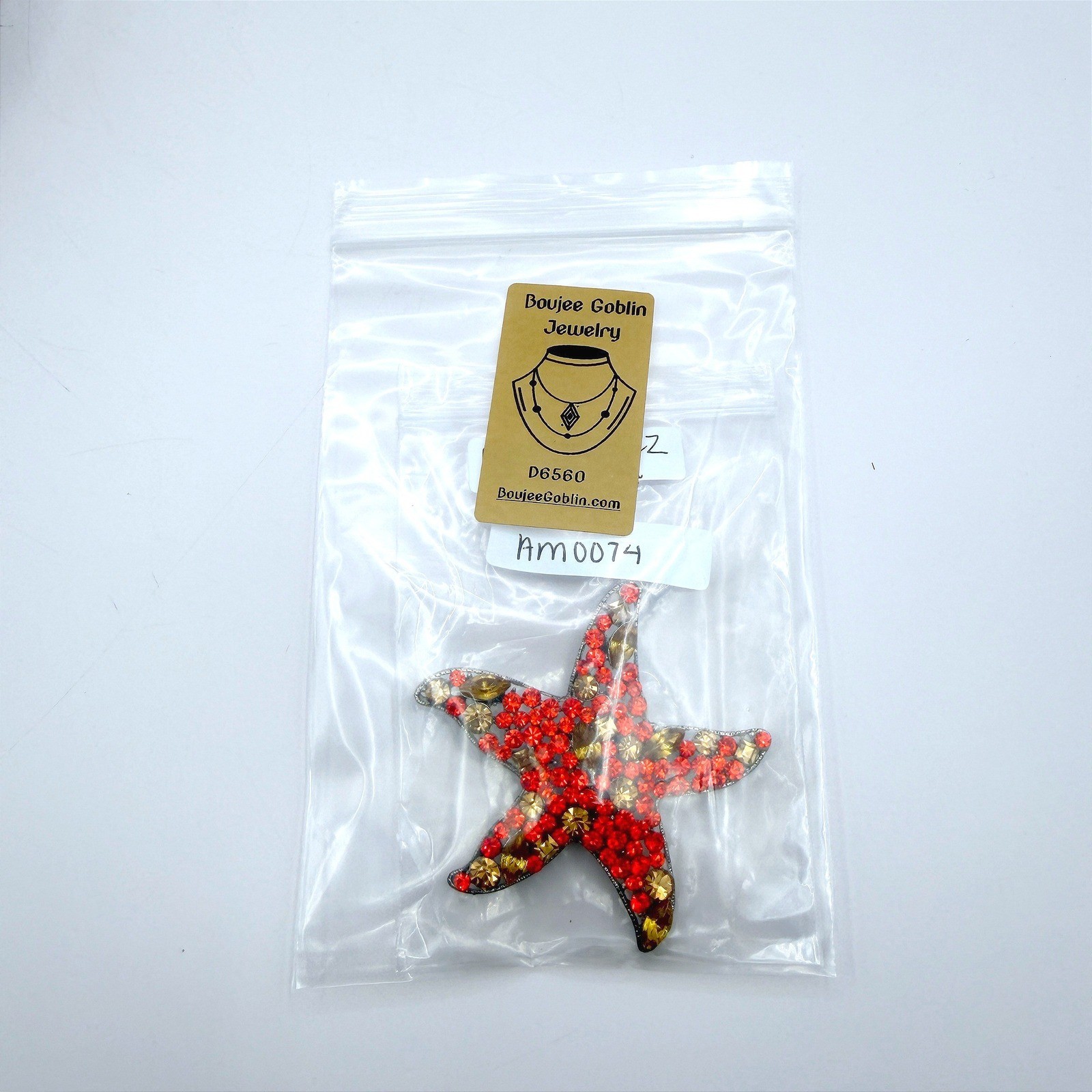 Vintage Red Yellow Rhinestones Silver-Tone Aluminium Starfish-Shaped Brooch Pin