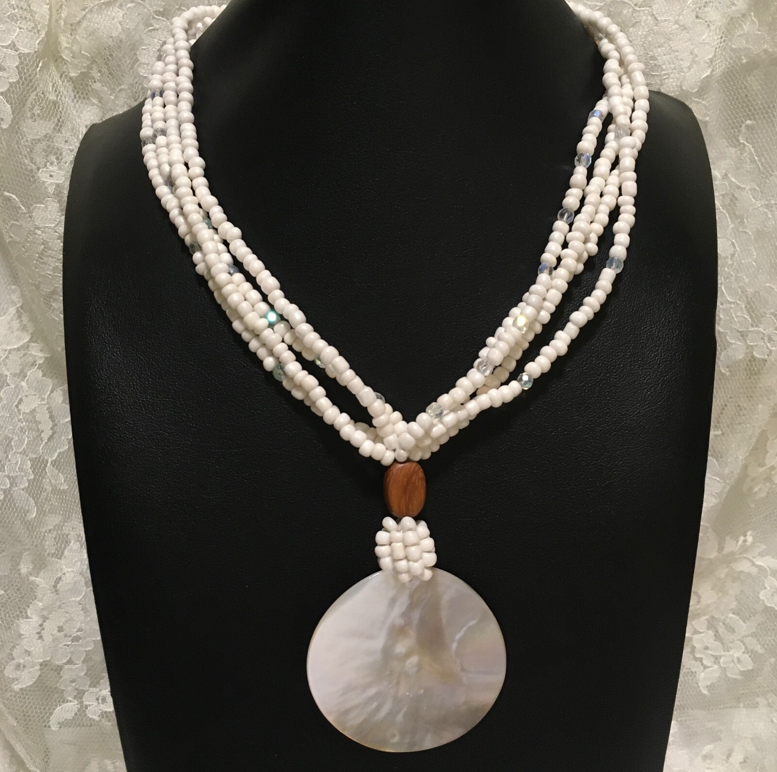 Vintage Avon Mother of Pearl Pendant Necklace White Beads Boho Beachy Statement