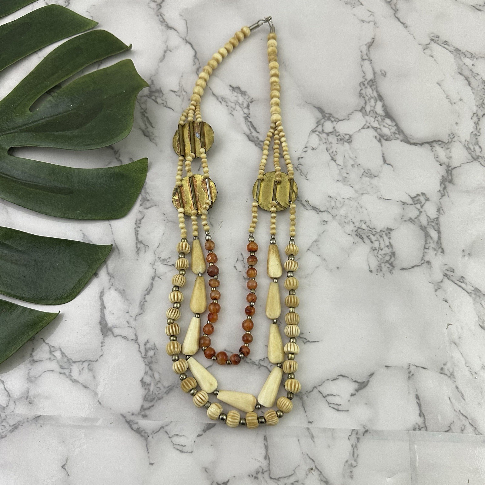 Vintage 70s Boho Layered Beaded Necklace Cream Orange Medallion Whimsygoth