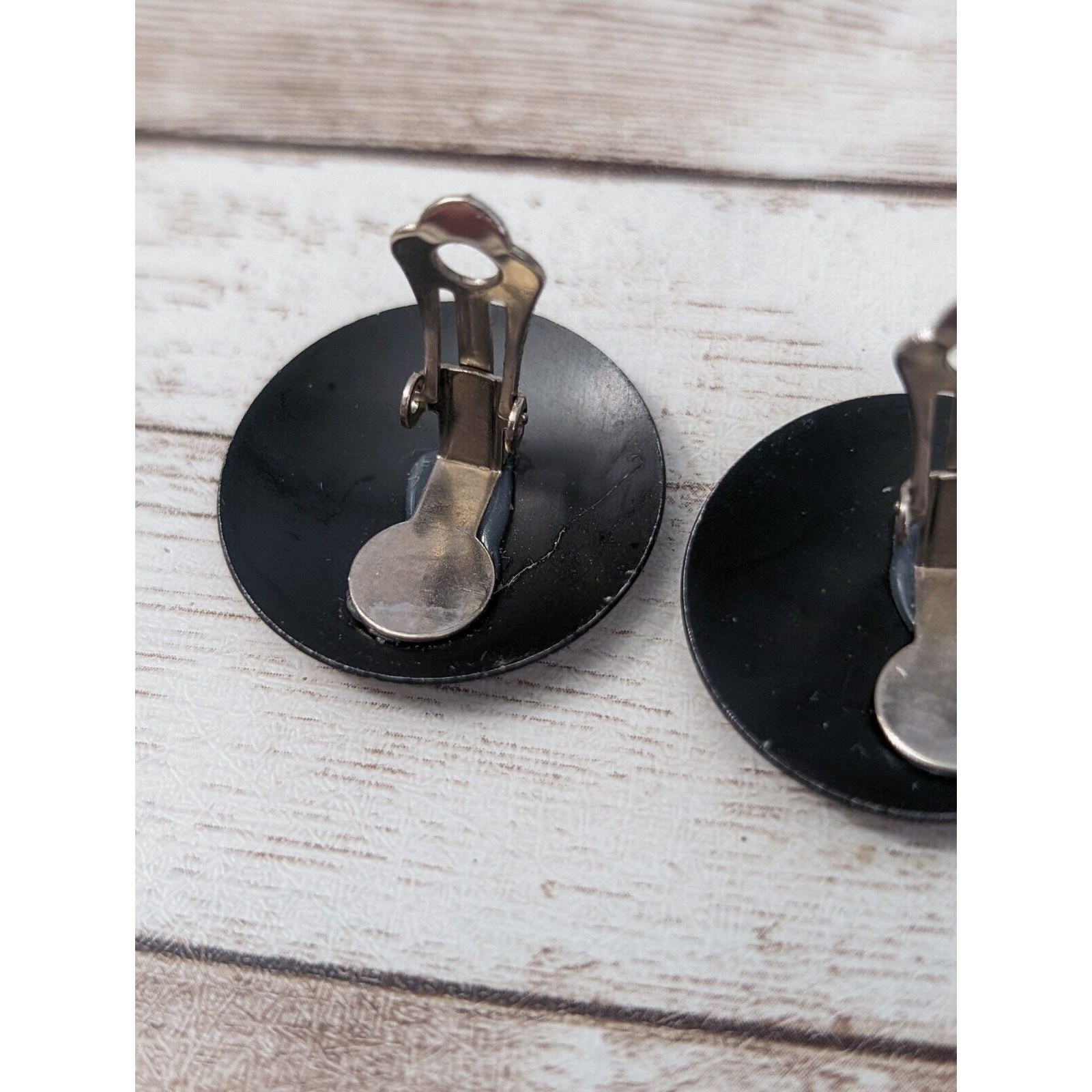 Vintage Clip On Earrings – Black with Silver Tone Design 1 & 1/8″