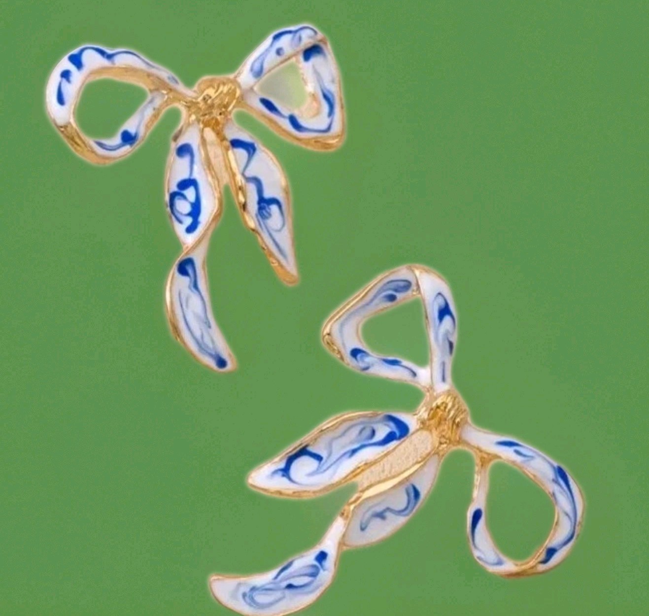 Stunning Goldtone Blue&white Enameled Stud Bow Earrings