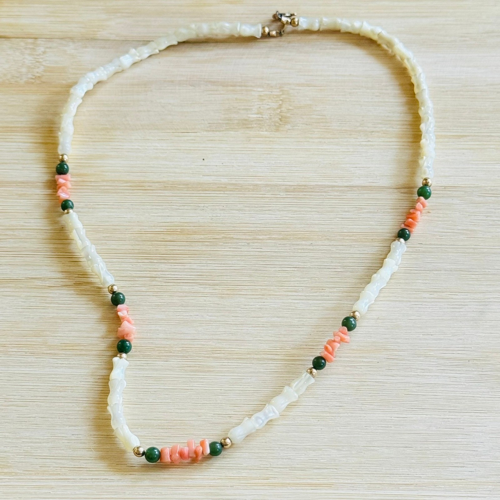 VTG Floral Coral Necklace Mother Of Pearl Jade Genuine Beads Carved Gold Filled