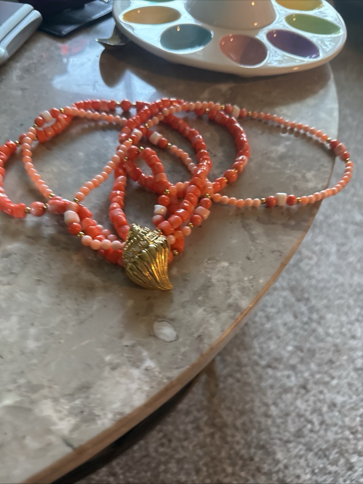 Vintage Orange Coral Avon double Layered Beaded Collar Gold shell Necklace