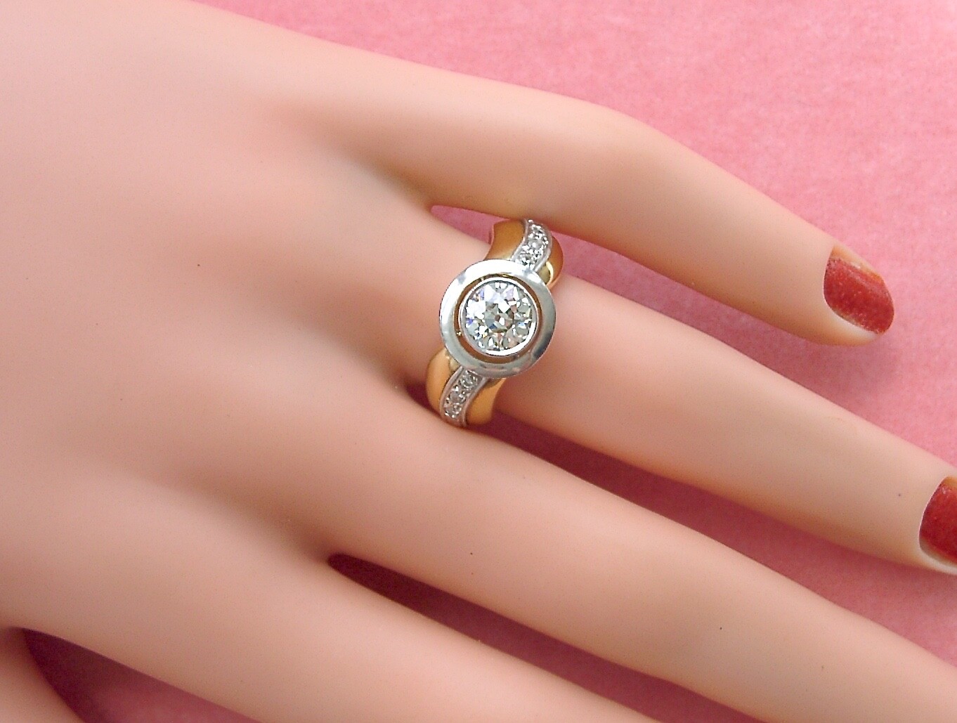 VINTAGE 1.10ct EURO DIAMOND 18K THICK BAND UNISEX SOLITAIRE ENGAGEMENT RING 1940