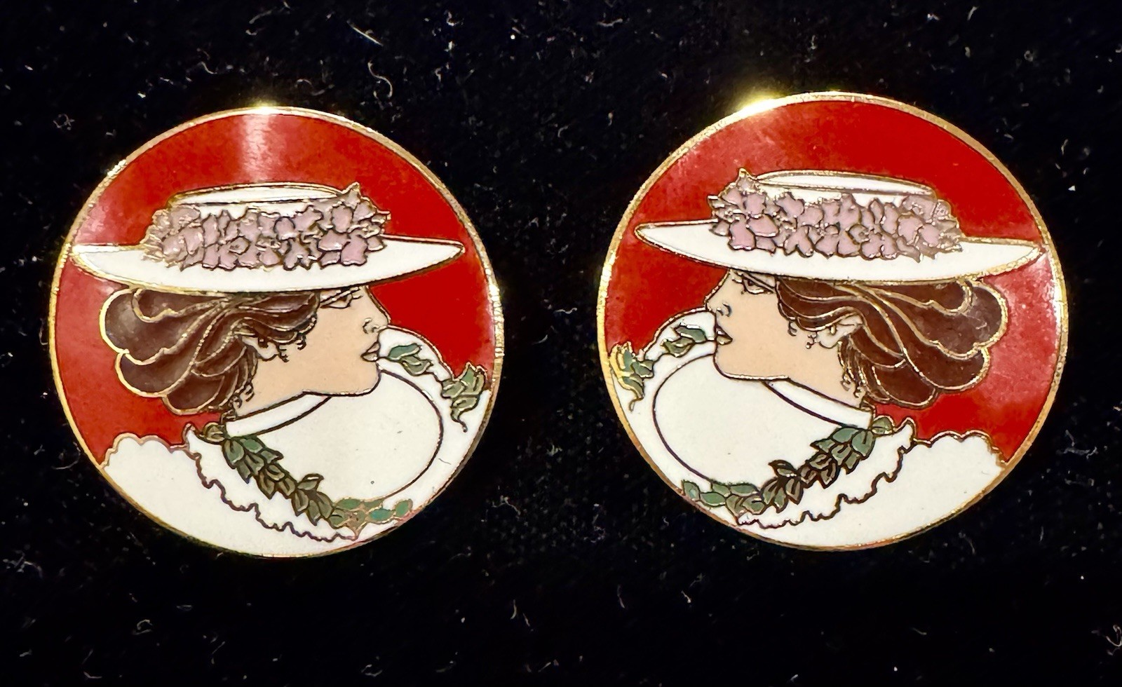 RARE Vtg Diana Hansen-Young Enamel Pierced Earrings Art Nouveau Lady Portrait