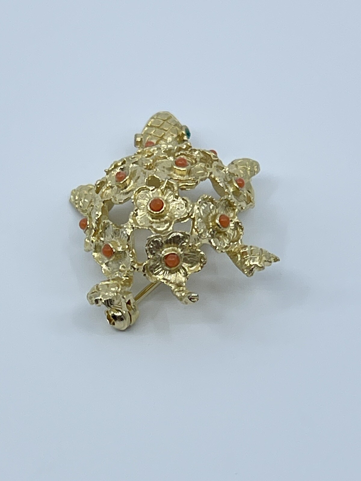 Vintage Brooch Pin De Nicola turtle faux coral and green rhinestone 1-3/4″
