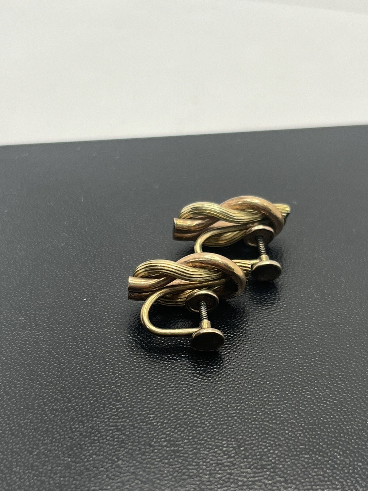 Two tone 12k gold over sterling silver love knot screw back earrings vintage
