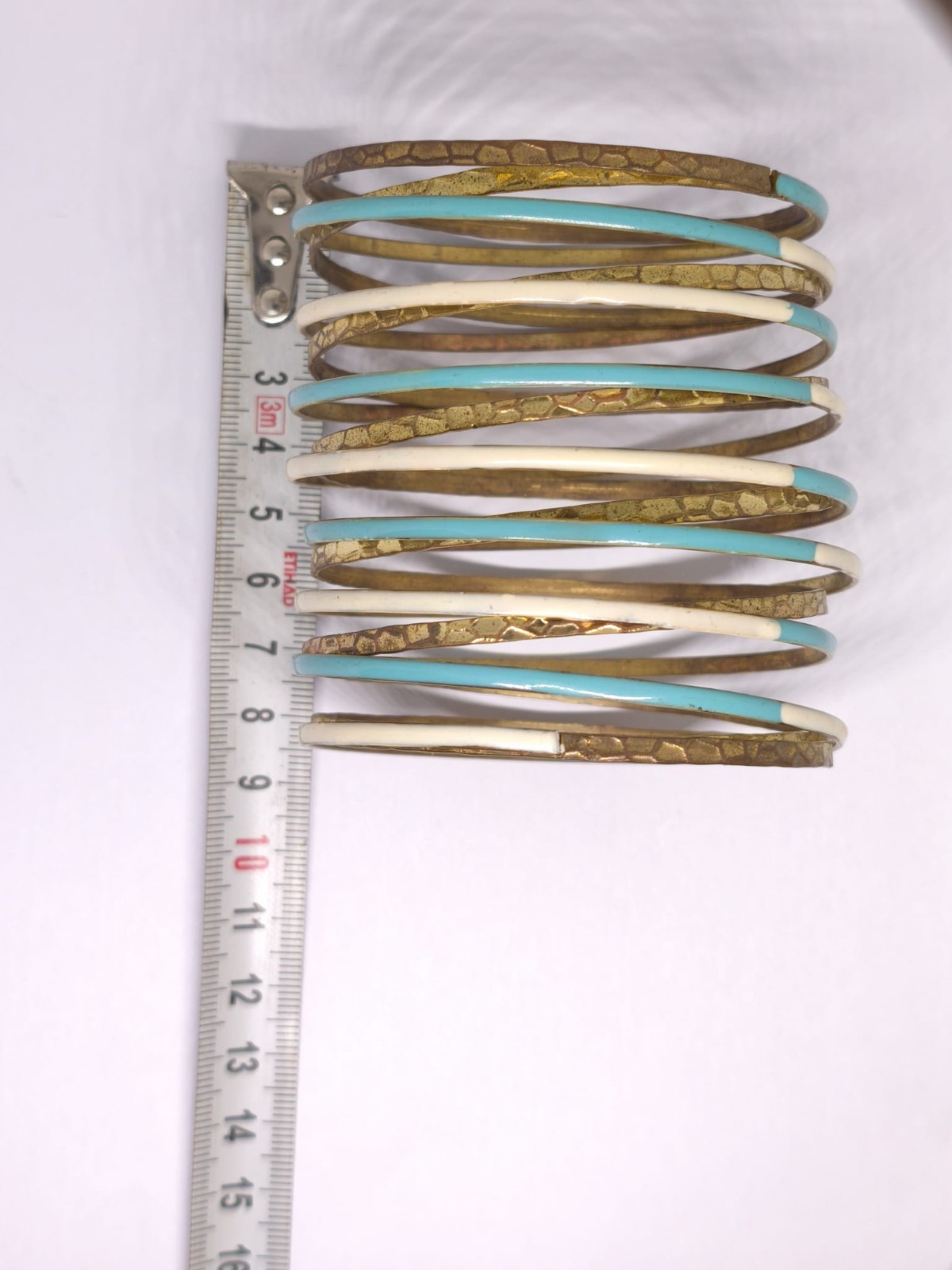Vintage Copper Brass Bangle Bracelet Set Turquoise White Enamel Stackable Boho