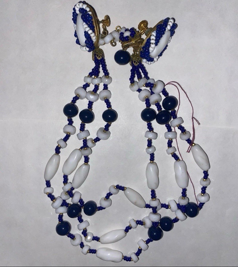 Vintage Miriam Haskell beaded necklace and clip on earrings set