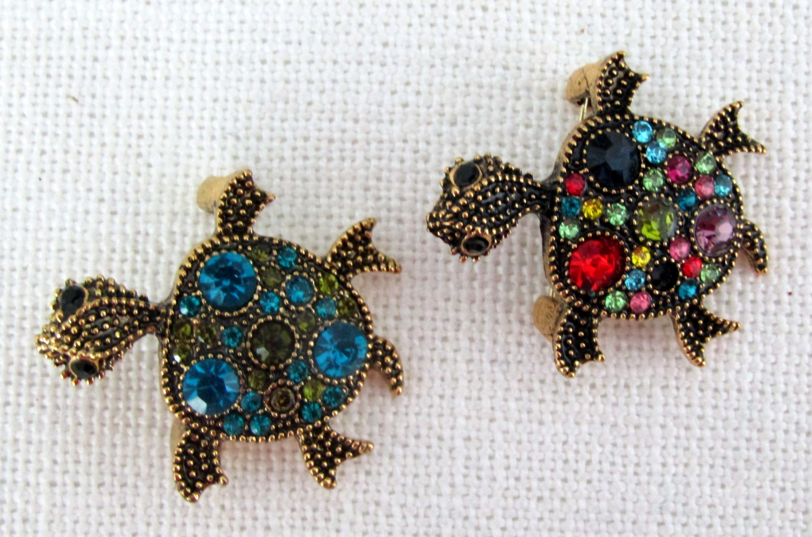 (2) Turtle Brooch Pin Multi-Colored Gemstones Antique Gold Tone Metal