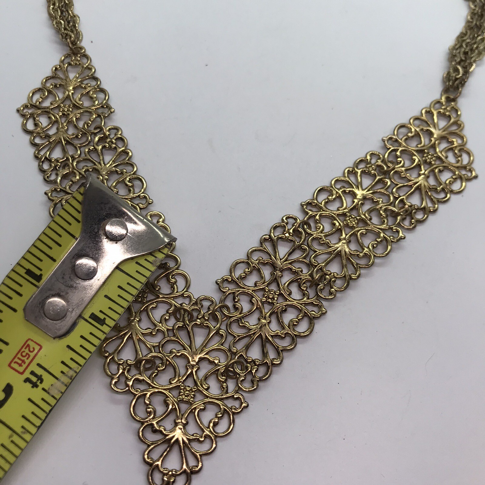 Vintage Necklace filigree Panels Gold Tone Chains Mod Retro Metal