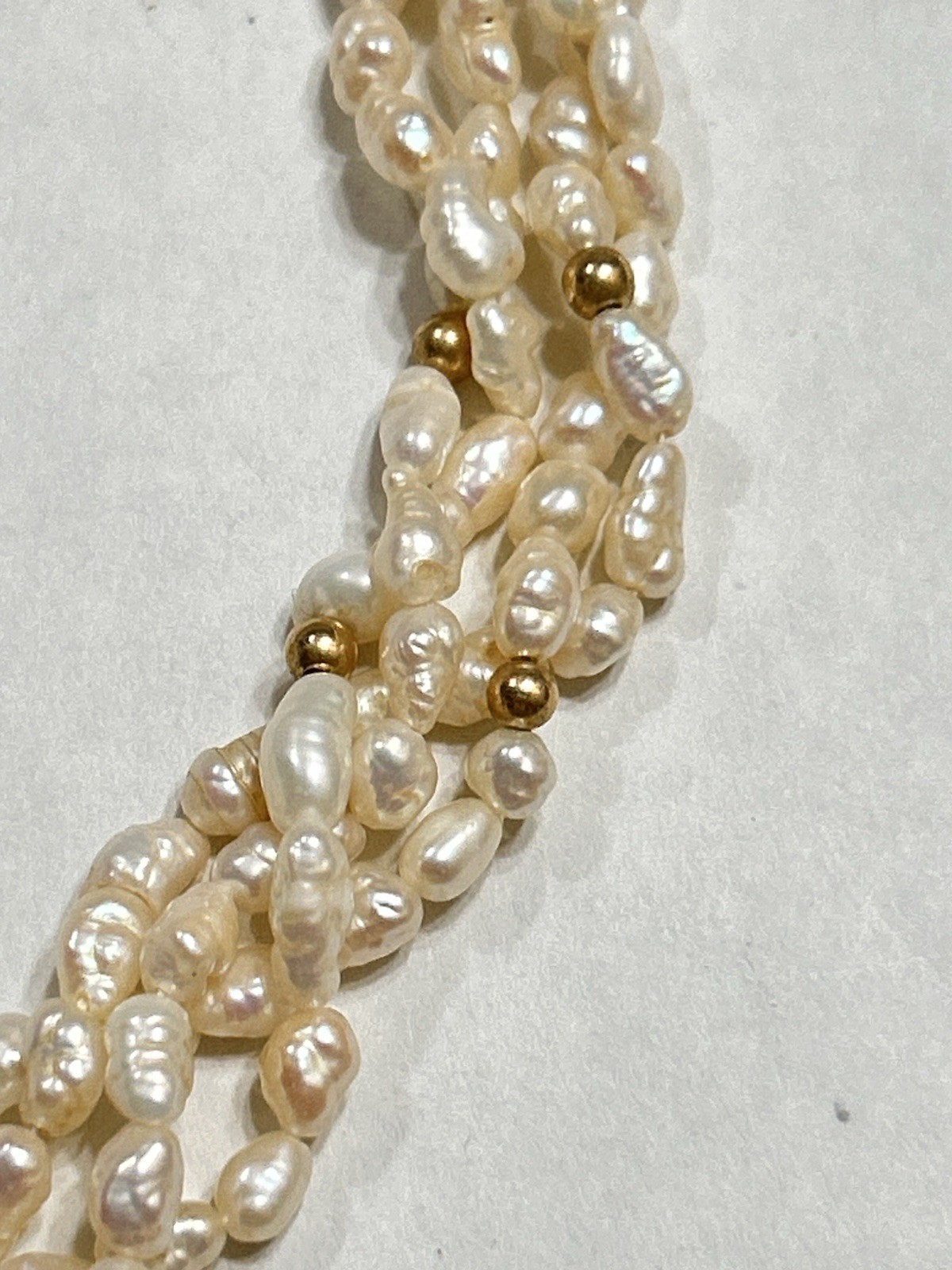 Long 56” Opera Length Necklace Rice Pearls & Gold Plated Beads, 2 Strand Twisted