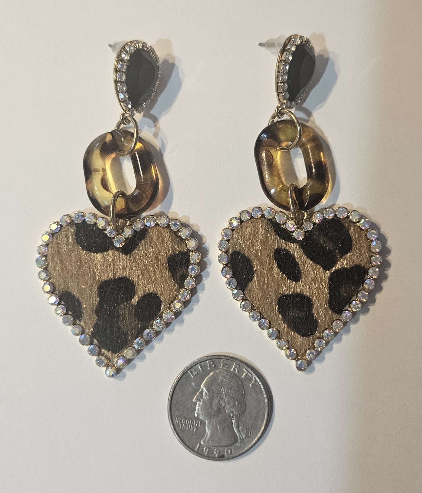 Vintage Faux Fur Leopard Print Heart Drop Earrings With Rhinestone Accents
