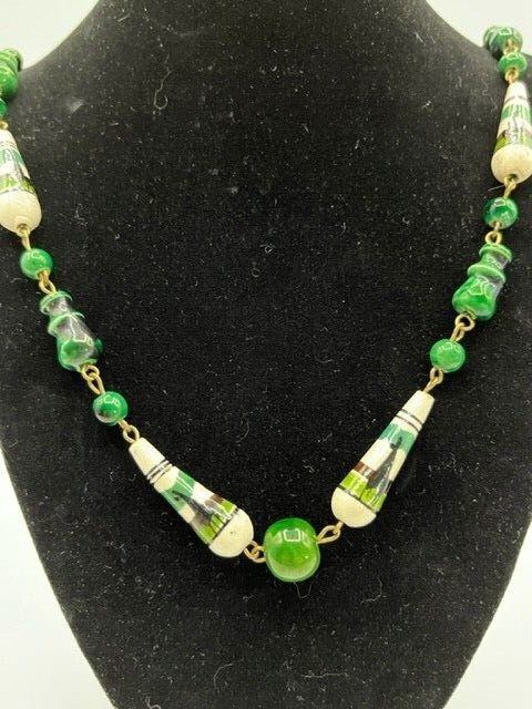 Vintage Hand Painted Southwest Ceramic Beads Dark Green Necklace