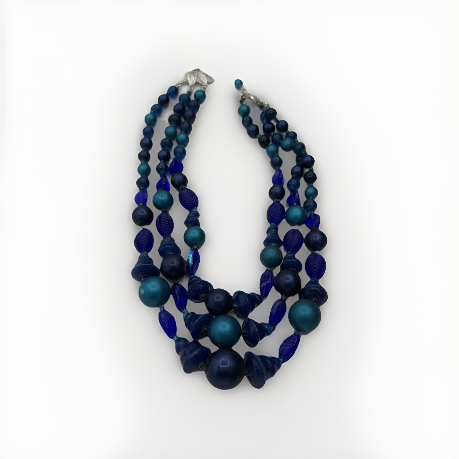 Japan Signed Vintage Multi‑Strand Blue Beaded Necklace – Art Glass Statement
