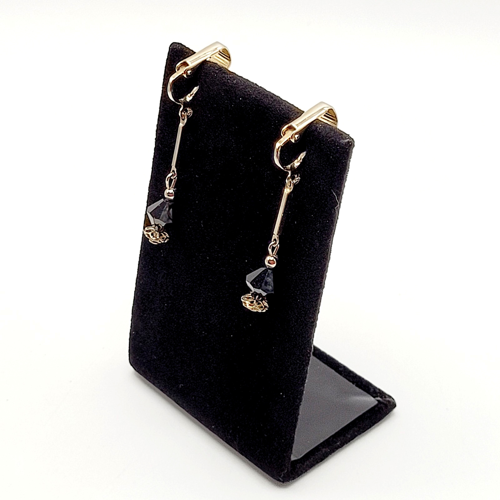 Minimalist Art Deco Drops Black Bicone Crystal Gold Tone Vtg Clip On Earrings